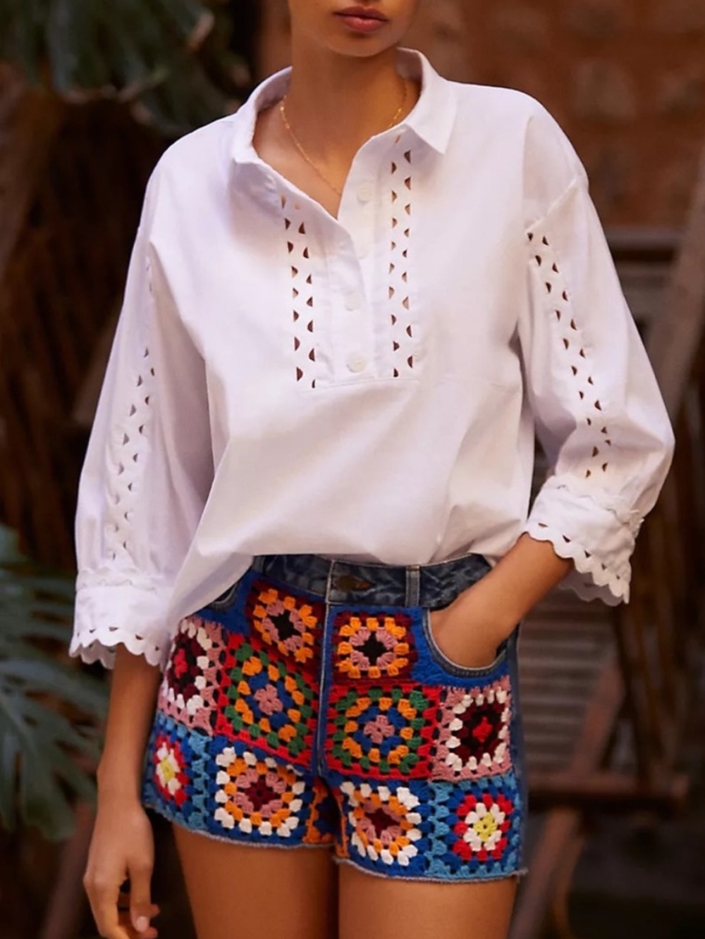 Farm Rio Crochet Knit Patchwork Denim Shorts Small - Picture 2 of 3